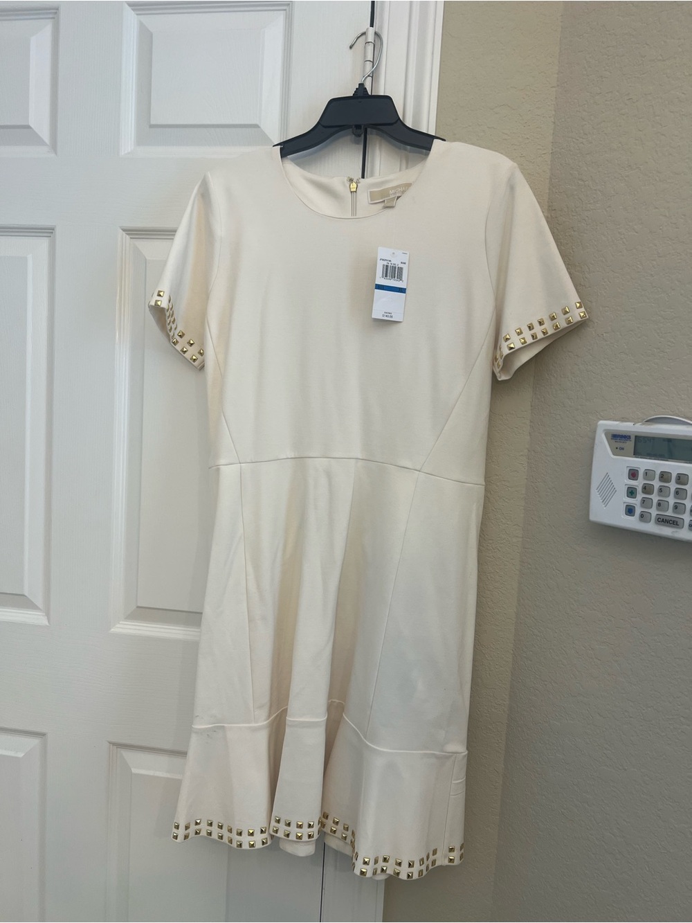 Michael Kors Cream Mini Fit-and-Flare Dress with Gold Studs